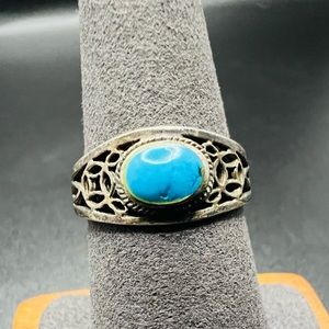 Vintage Turquoise Ring Size 8 Open Scroll Filigree Band Oval Cabochon